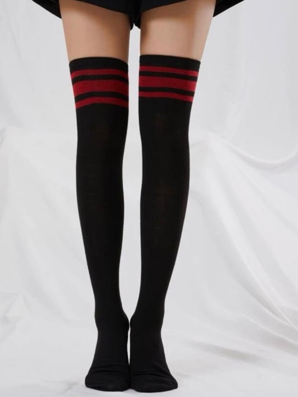 Black Over-the-Knee Socks with Red Stripes